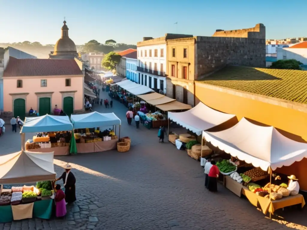 Proyectos de turismo comunitario en Uruguay: vibrante mercado lleno de vendedores locales, productos frescos y artesanías, bajo el suave sol matutino