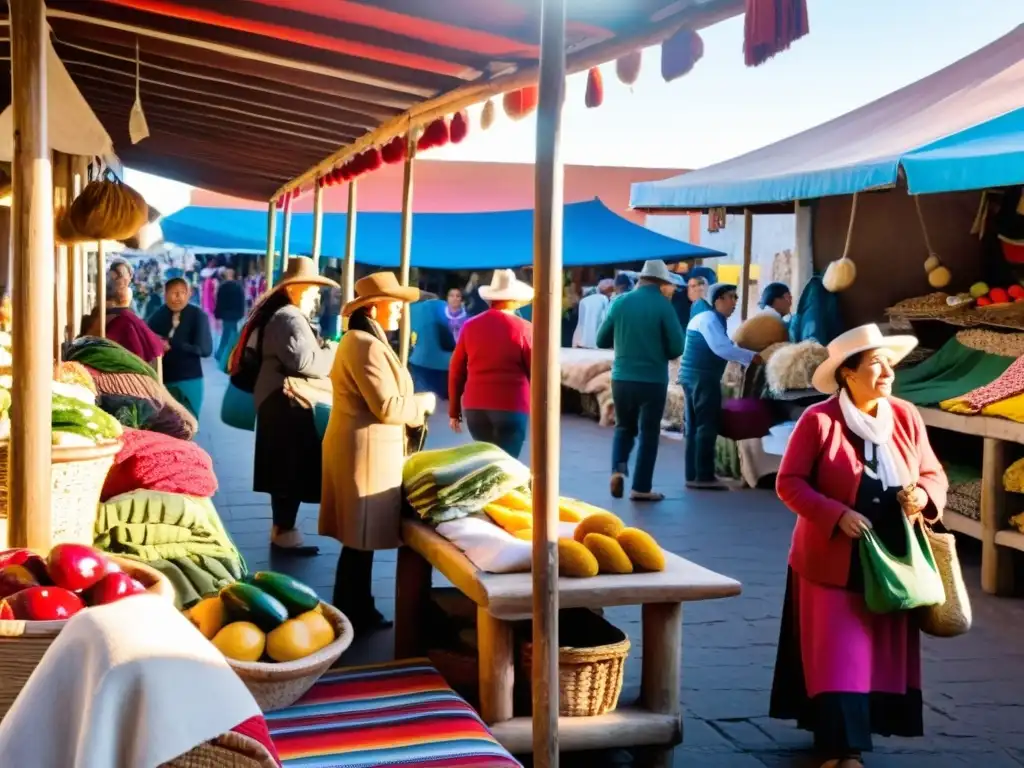 Proyectos de turismo comunitario en Uruguay cobran vida en un bullicioso mercado local; vendedores, turistas y artesanías bajo un sol dorado