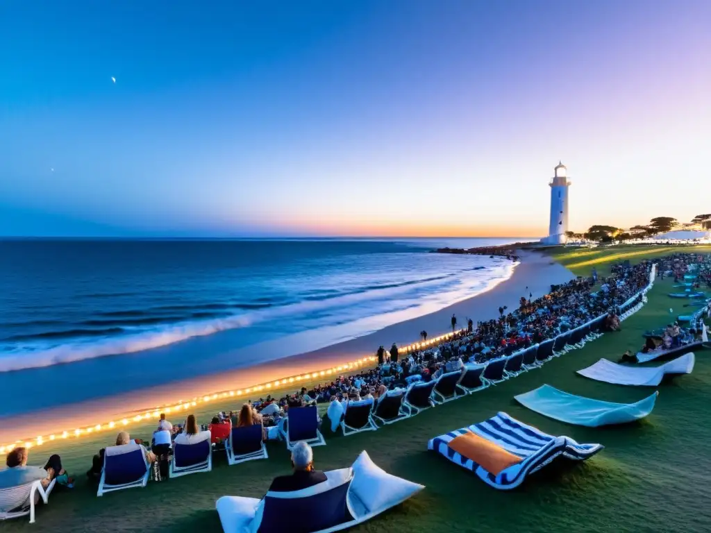 Público diverso disfruta de los festivales de cine en Uruguay al aire libre en Punta del Este, bajo un cielo estrellado