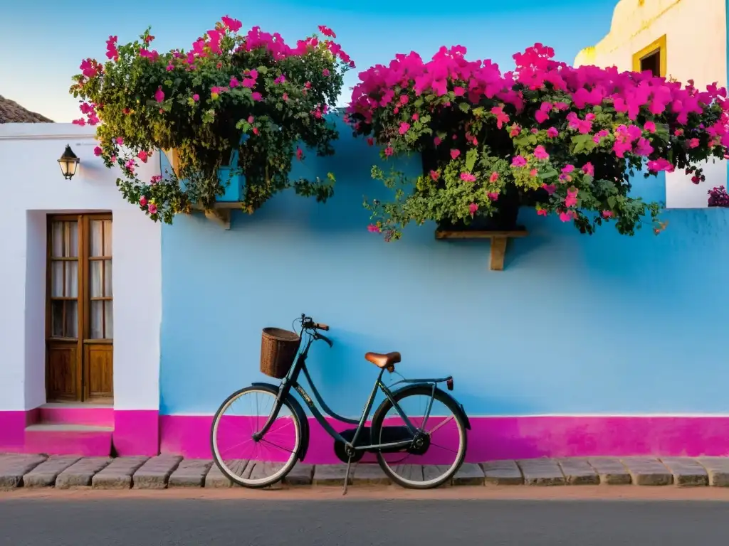 Pueblos bonitos Uruguay: plaza adoquinada al atardecer, bicicleta vintage contra edificios coloniales con buganvillas florecientes