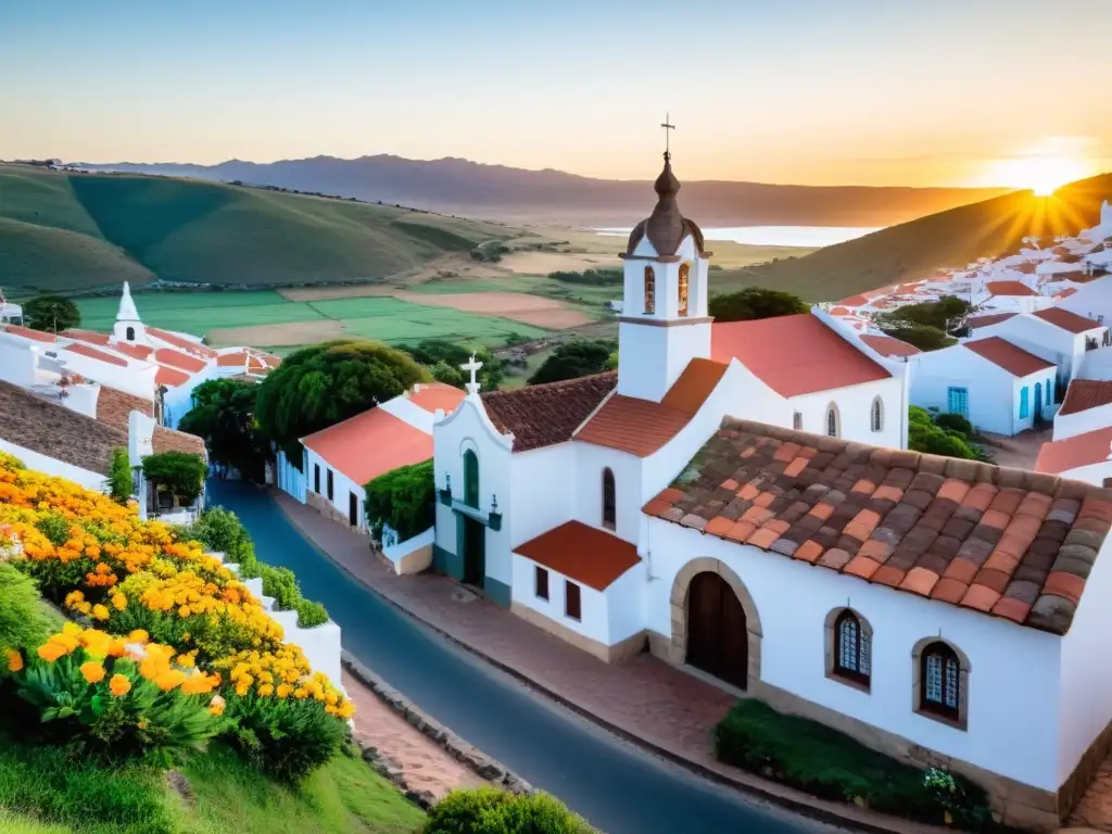 Pueblos bonitos Uruguay: una encantadora villa al atardecer, con calles empedradas y casas rústicas bajo un cielo colorido