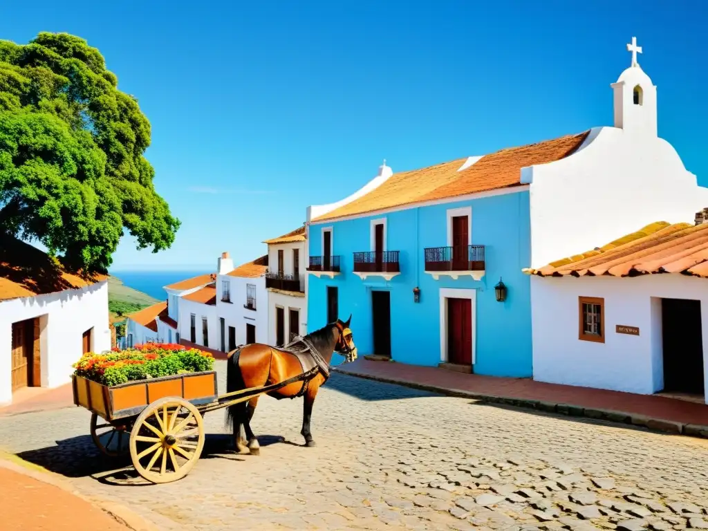 Pueblos bonitos Uruguay: panorama idílico de un tradicional pueblo uruguayo entre verdes colinas y cielo azul cristalino