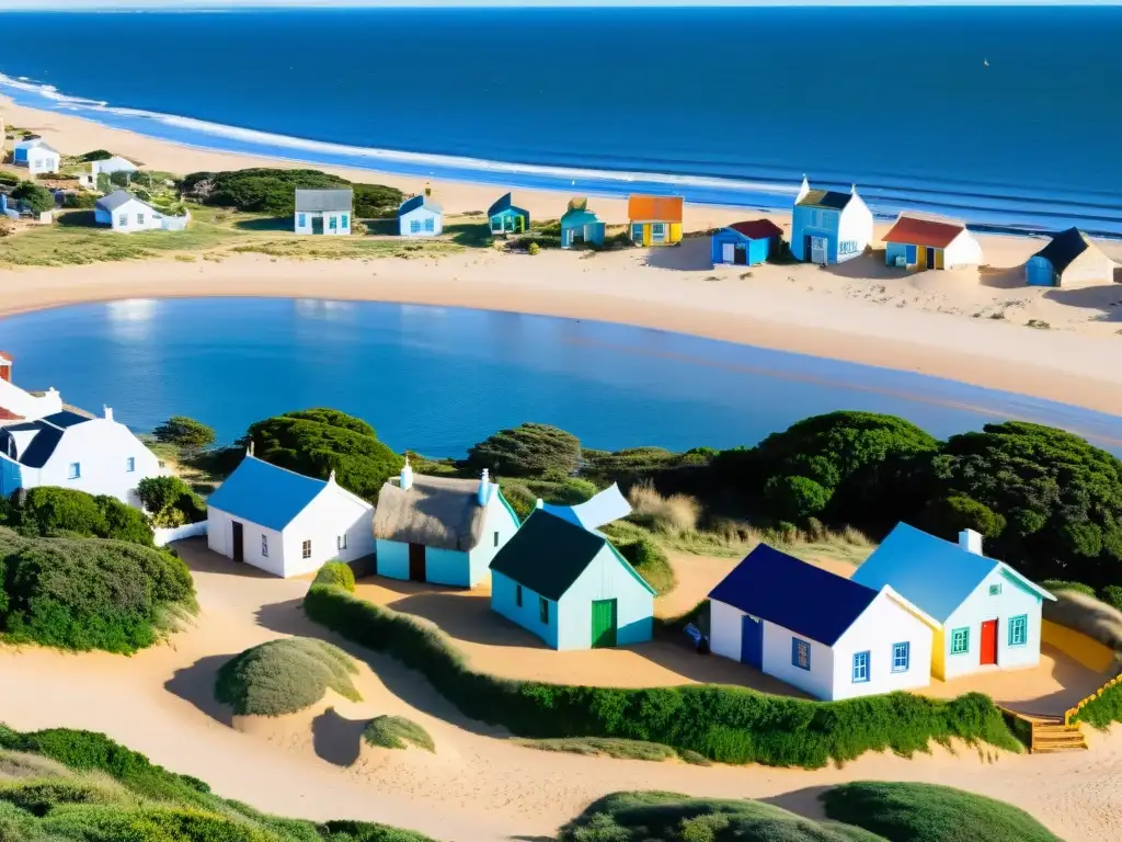 Pueblos bonitos Uruguay: vista panorámica encantadora de Punta del Diablo, casitas coloridas, playas prístinas y un atardecer impresionante