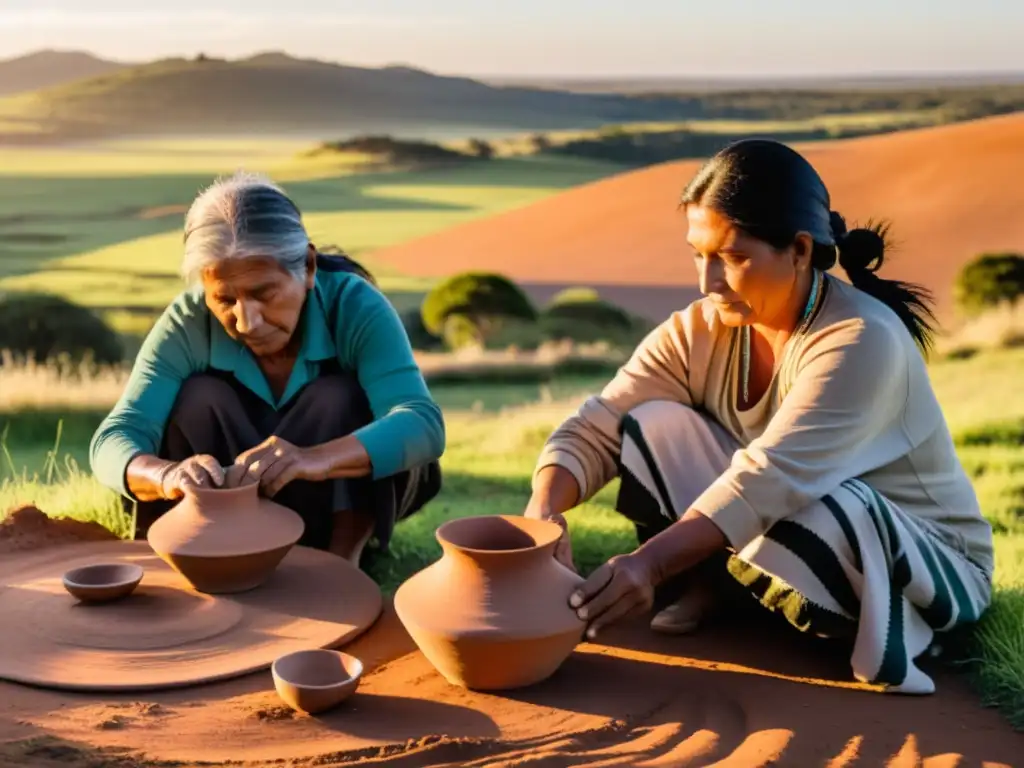 Artesanía uruguaya de pueblos indígenas, esculpiendo la arcilla mientras el amanecer baña los campos, uniendo historia y cultura