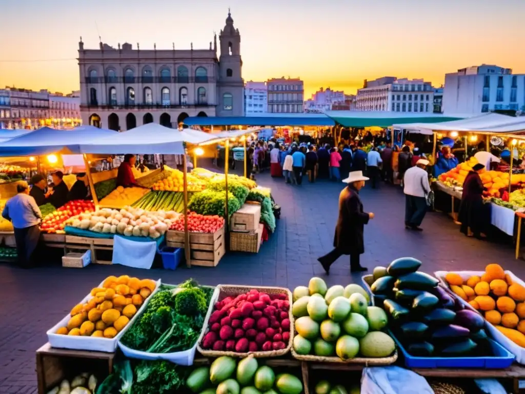 Puesta de sol en un bullicioso mercado de Montevideo, Uruguay, reflejando la rica herencia cultural de la inmigración española en el país