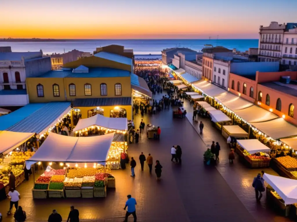 Puesta de sol en un bullicioso mercado de Montevideo, Uruguay, escenario de eventos gastronómicos donde la cultura y sabores locales cobran vida