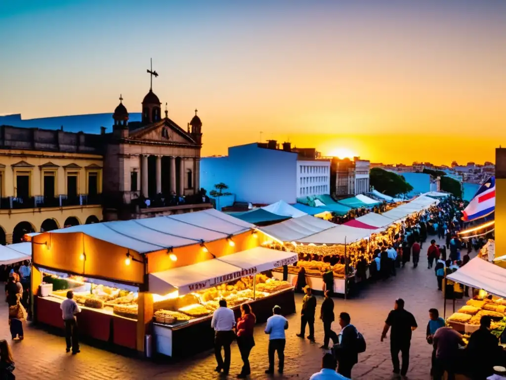 Puesta de sol dorada iluminando un bullicioso mercado callejero de comida uruguaya, capturando la alegría de los eventos gastronómicos en Uruguay