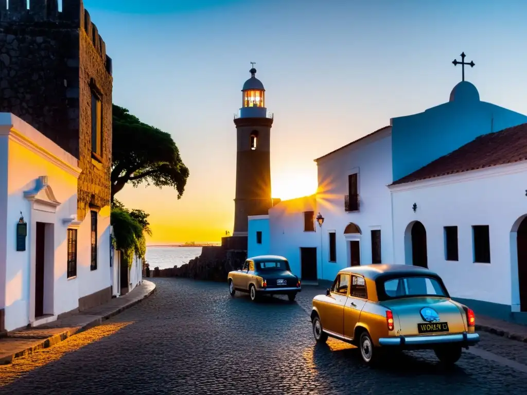 Puesta de sol encantadora en Colonia del Sacramento, Uruguay, iluminando una escena antigua con un coche vintage y siluetas históricas