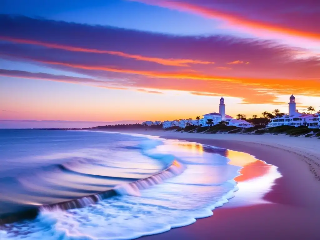 Una puesta de sol fascinante en Punta del Este, Uruguay, con yates lujosos y parejas disfrutando un viaje de lujo en Uruguay, relajados y felices