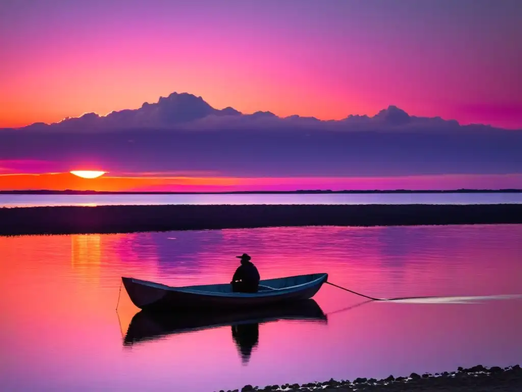 Puesta de sol mágica sobre las serenas aguas del Río de la Plata, con las Islas del Uruguay y su exuberante vegetación en la lejanía