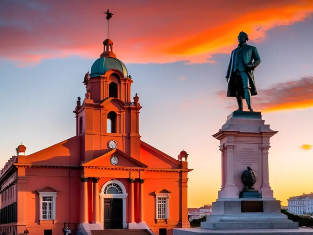 Puesta de sol serena ilumina el legado de educación política de Varela en Uruguay, en un antiguo colegio con estudiantes y su estatua