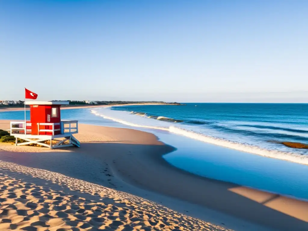 Amanecer en Punta del Este, Uruguay; las olas acarician la orilla mientras la torre de vigilancia guarda la playa vacía