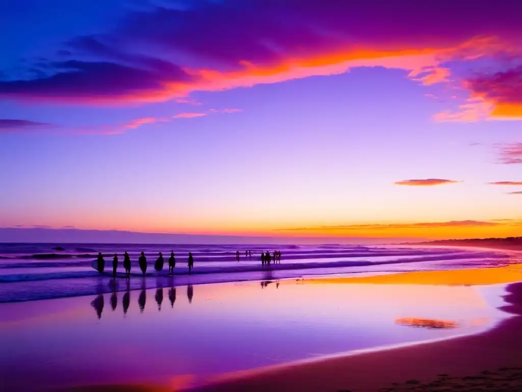 Amanecer púrpura y naranja en Punta del Diablo, uno de los mejores spots para surfear en Uruguay, con siluetas de surfistas y una cabaña de pescadores