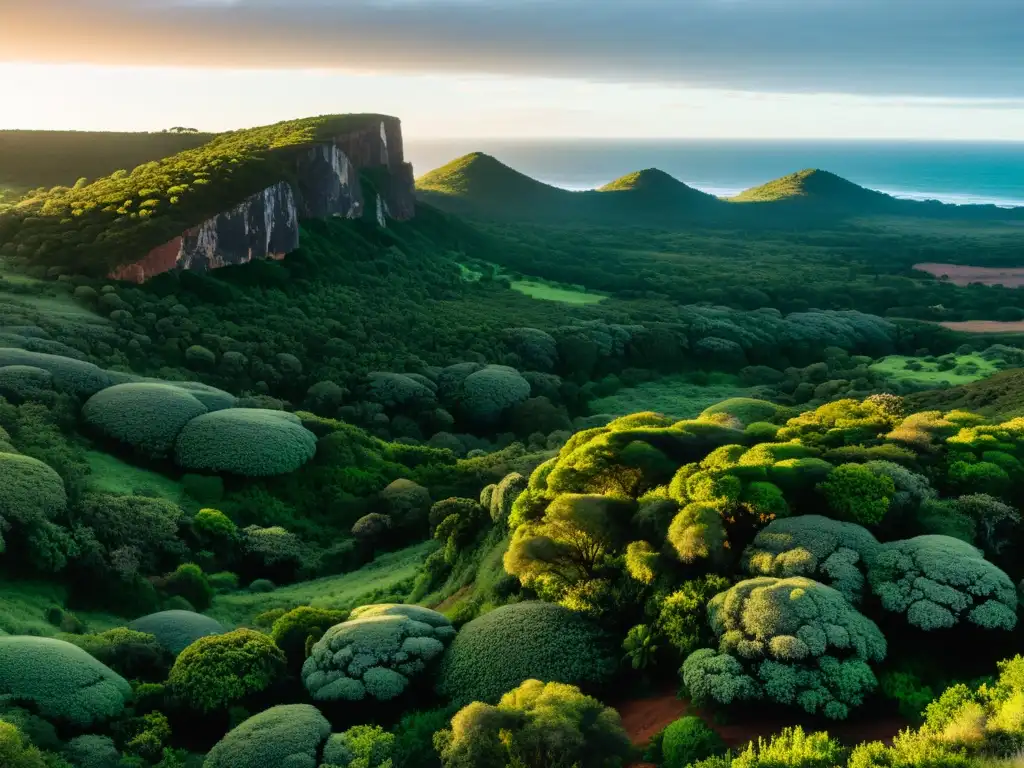 Amanecer en la Quebrada de los Cuervos Uruguay, con su flora vibrante, imponentes acantilados, cuervos volando y el despertar del Río Negro