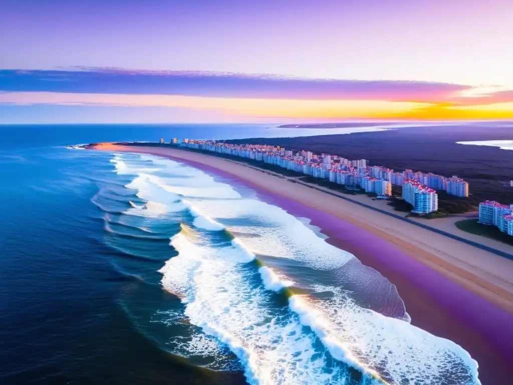 Radiante atardecer en Punta del Este, Uruguay, con la Mano emergiendo de la arena y gente disfrutando la playa