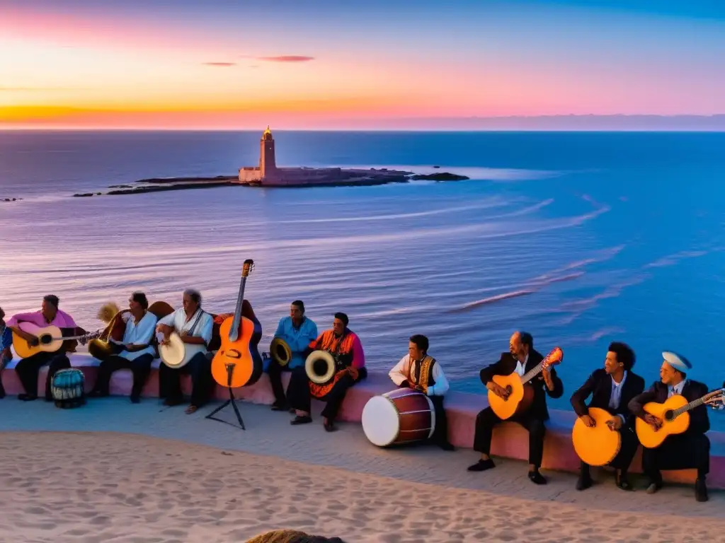 Evolución de la música en Uruguay desde sus raíces hasta el presente, con músicos diversos tocando al atardecer en la costa de Montevideo