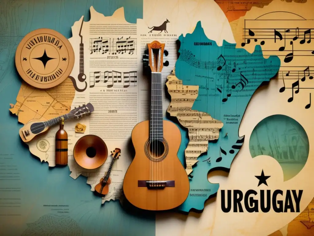 Evolución de la música en Uruguay, desde sus raíces hasta el presente, reflejada en un collage armonioso