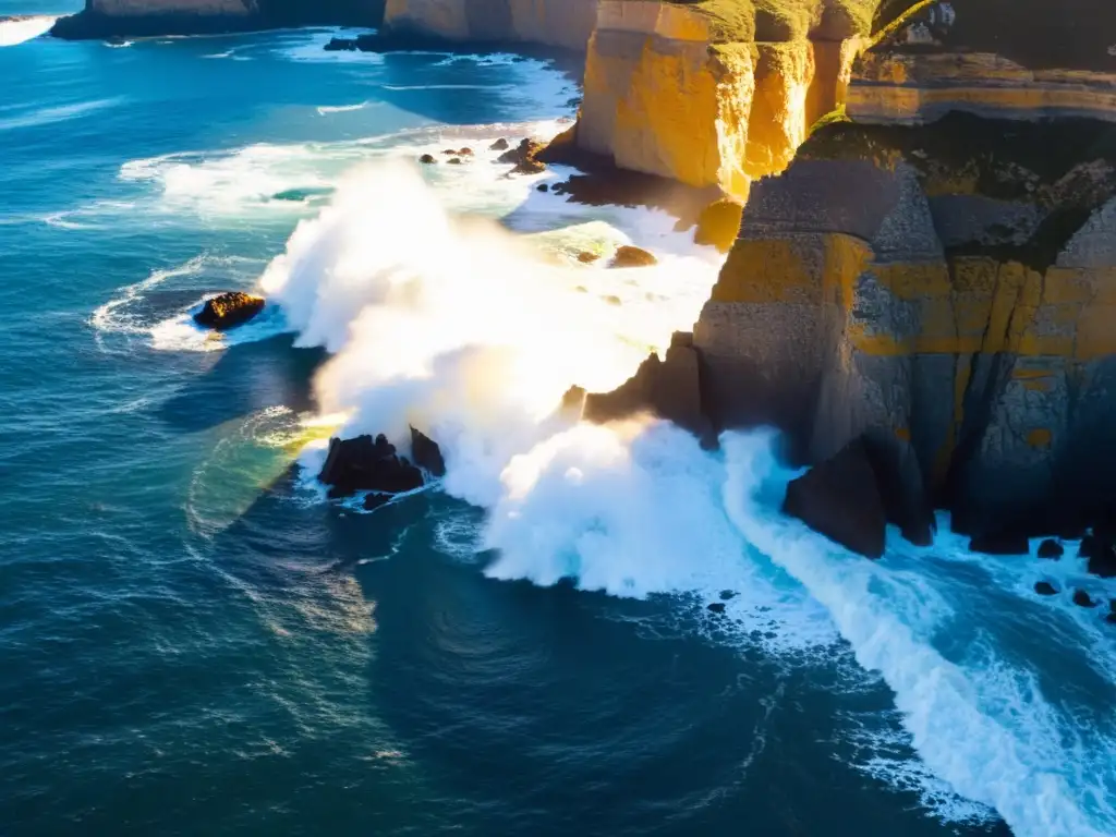 Rapel en acantilados de Uruguay al atardecer, el dorado sol ilumina las rocas mientras las olas chocan y las estrellas parpadean