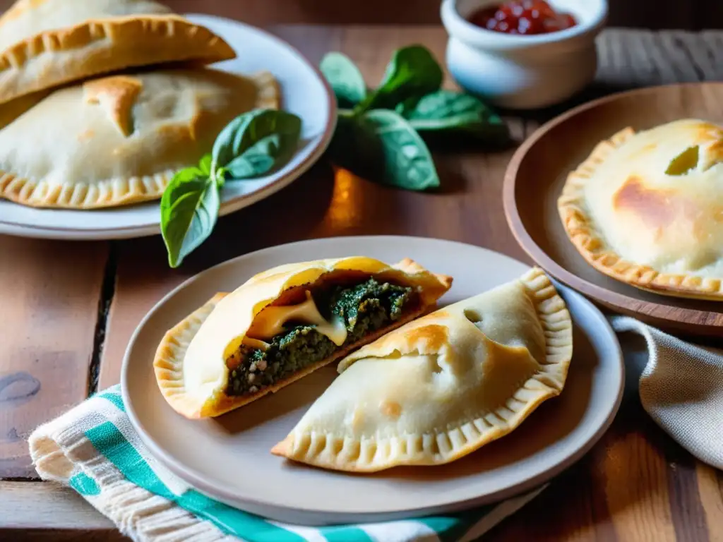 Receta auténtica empanadas uruguayas: mujer en vestido tradicional preparando empanadas doradas y crujientes en una cocina soleada y rústica