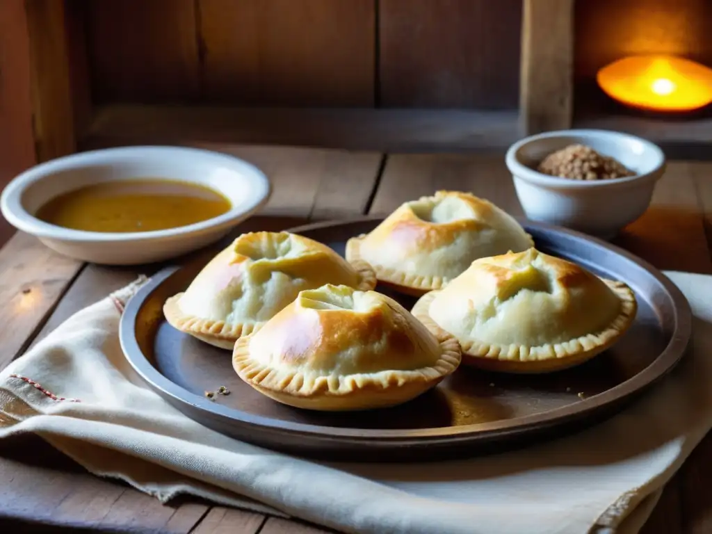 Receta auténtica empanadas uruguayas, recién horneadas en una acogedora cocina rústica, bajo la dorada luz de la tarde