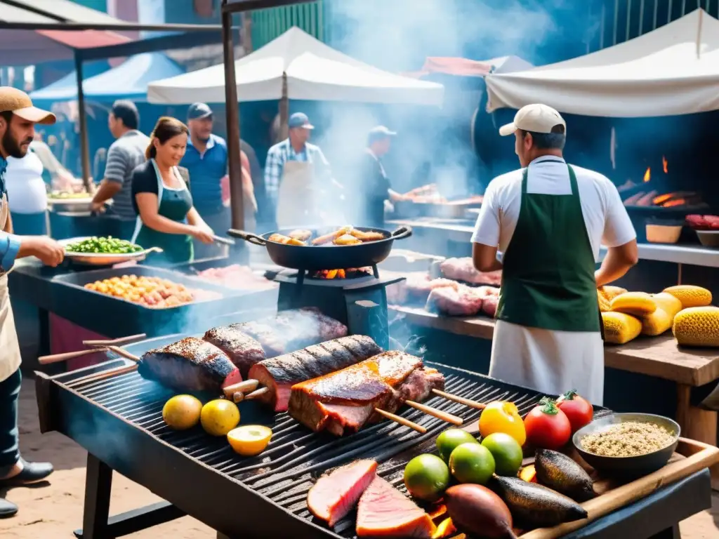 Recetas autóctonas cocina uruguaya en vivo en un animado mercado al aire libre, con el asado y el vibrante atardecer de Montevideo como protagonistas