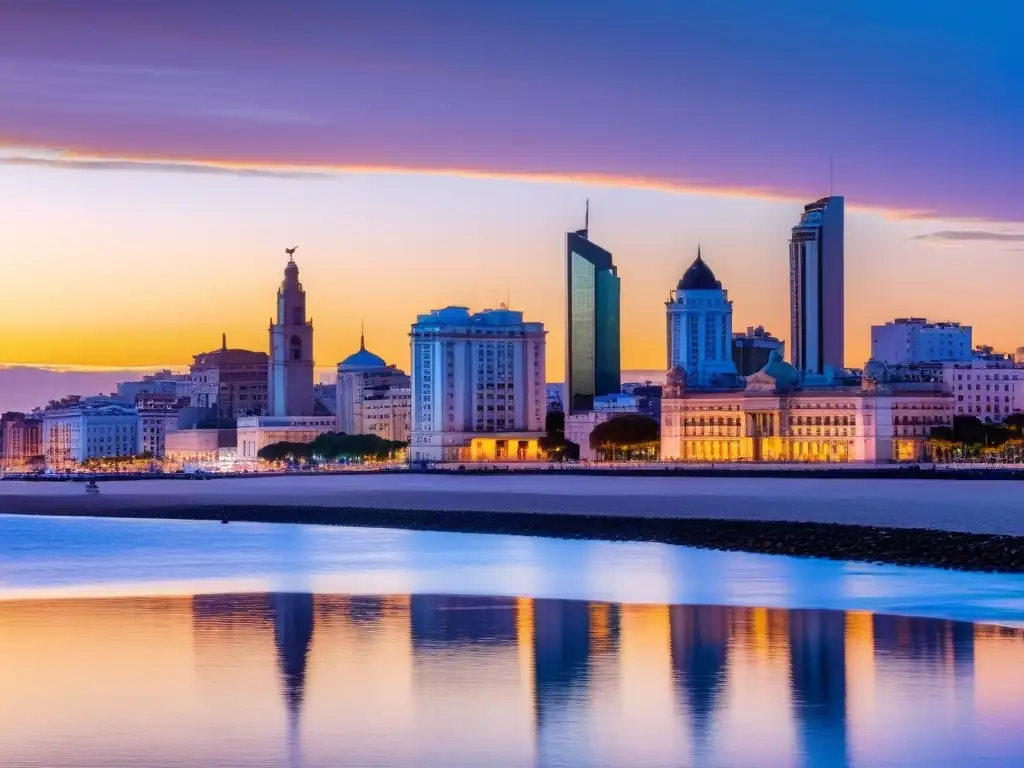 Recomendaciones viaje seguro Uruguay: turistas explorando el dorado skyline de Montevideo al atardecer, reflejando orgullo nacional