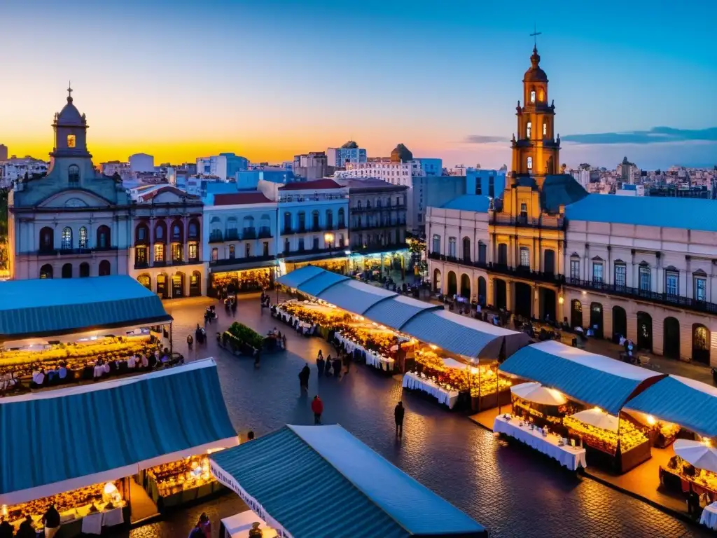 Recorrido por el Barrio Histórico de Montevideo al atardecer, mezclando arquitectura colonial con modernidad, y el vibrante Mercado del Puerto