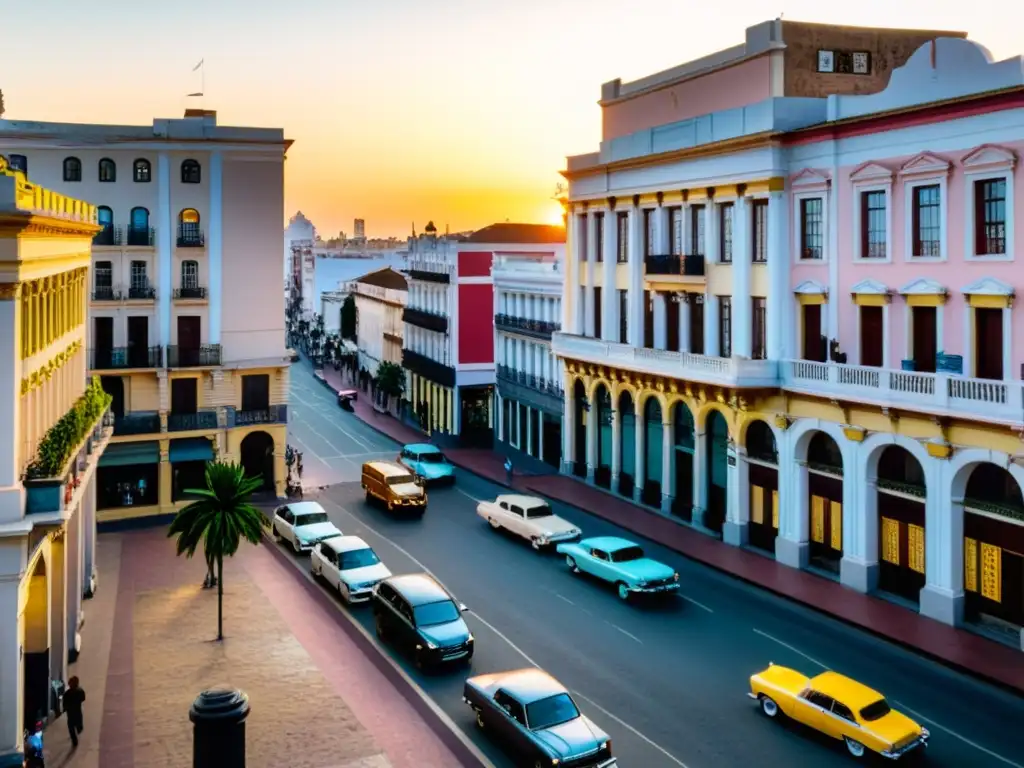 Recorrido por el Barrio Histórico de Montevideo al atardecer, con calles empedradas, edificios coloniales y el icónico Teatro Solís