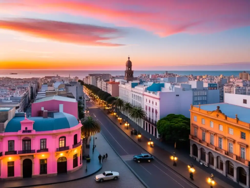 Recorrido por el Barrio Histórico de Montevideo al atardecer, con sus calles adoquinadas, mercados vibrantes y el icónico Teatro Solís