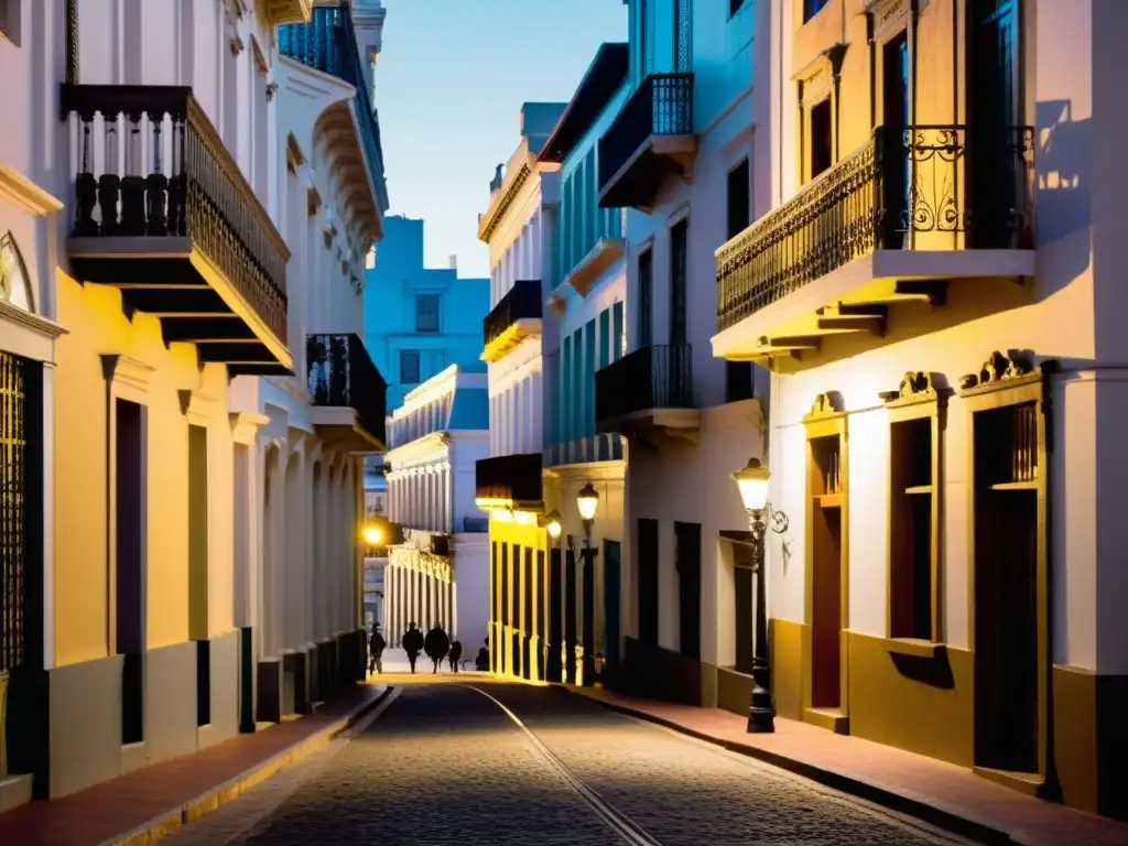 Recorrido por el Barrio Histórico de Montevideo, explorando calles adoquinadas bajo la luz crepuscular, con el majestuoso Palacio Salvo al fondo