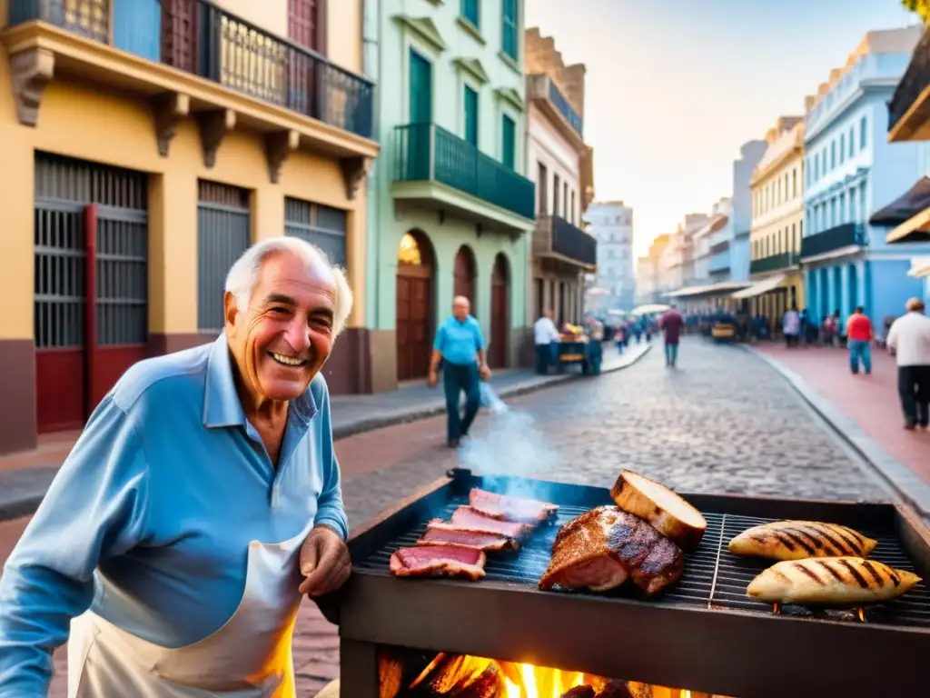 Recorrido por el Barrio Histórico de Montevideo, con calles adoquinadas, edificios coloniales coloridos y un hombre sonriente asando carnes en su parrilla al atardecer