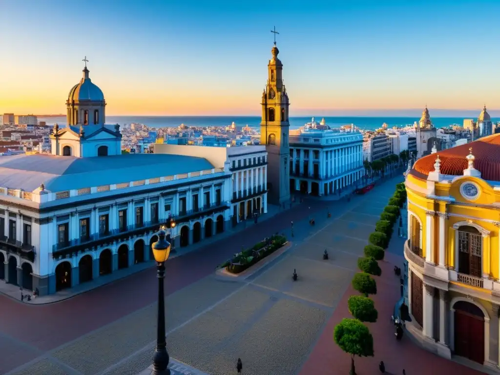 Recorrido por el Barrio Histórico de Montevideo durante la dorada hora, parejas locales y arquitectura colonial