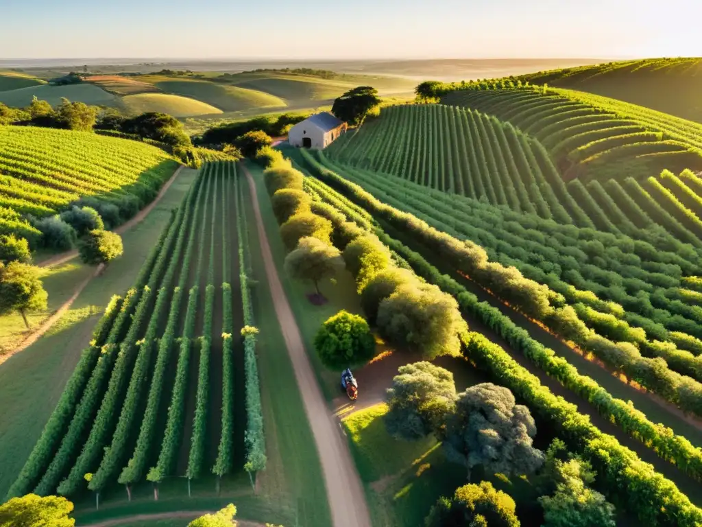 Recorrido en bicicleta por viñedos de Uruguay al amanecer, con colinas verdes doradas por el sol y antiguas bodegas