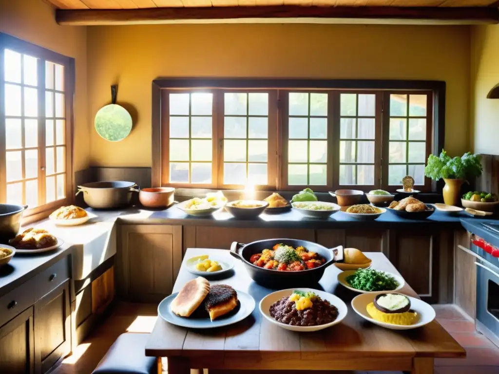 Recorrido fotográfico rincones intrigantes Uruguay: Cocina rústica iluminada por la mañana, con una mesa llena de platos tradicionales uruguayos, presidida por una anciana chef