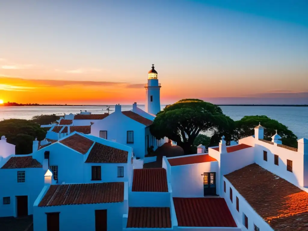 Recorrido fotográfico rincones intrigantes Uruguay: Un atardecer vibrante ilumina las calles empedradas y casas coloniales de Colonia del Sacramento