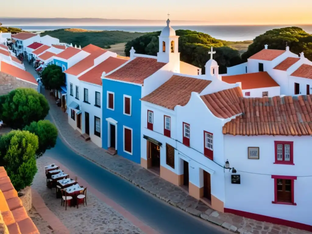 Recorrido fotográfico por las tradiciones de Uruguay: atardecer mágico en Pueblo Garzón, con calles adoquinadas, casas rústicas, un vibrante café al aire libre y viñedos en el horizonte