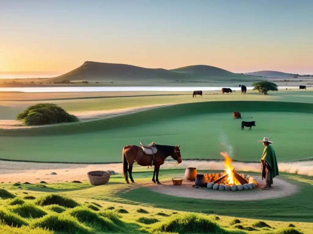 Recorrido fotográfico cultura tradiciones Uruguay: gaucho prepara mate al amanecer, rodeado de ganado en la serena pampa uruguaya