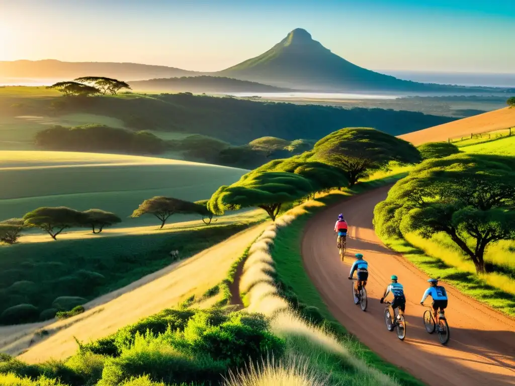 Recorridos en bicicleta por Uruguay al atardecer, con ciclistas aventureros recorriendo las ondulantes colinas verdes y el majestuoso Río de la Plata