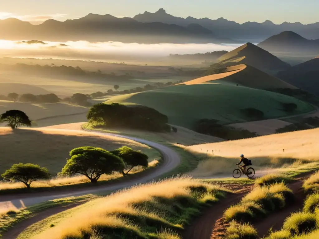 Recorridos en bicicleta por Uruguay, un ciclista solitario disfrutando del amanecer dorado y la tranquilidad de la campiña uruguaya