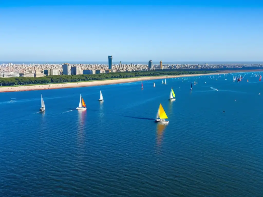 Regatas espectaculares Uruguay vela, barcos coloridos deslizándose sobre las azules aguas del Río de la Plata, bajo un sol dorado