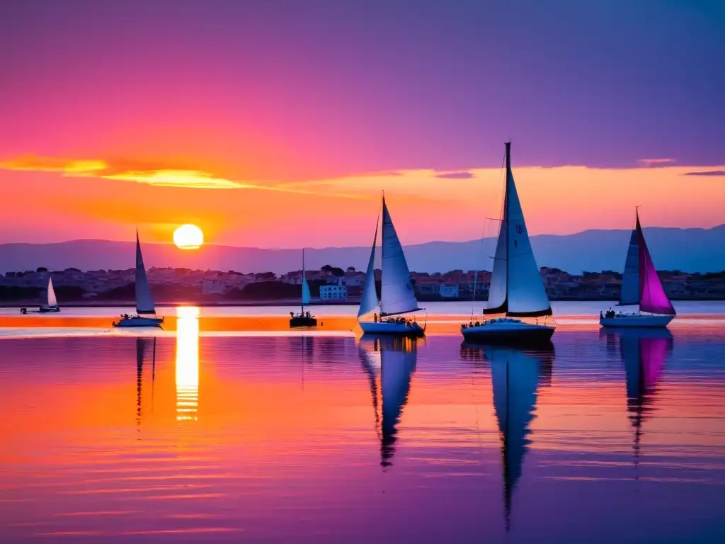 Regatas espectaculares Uruguay vela, con veleros deslizándose al atardecer, reflejando los colores del cielo en aguas tranquilas