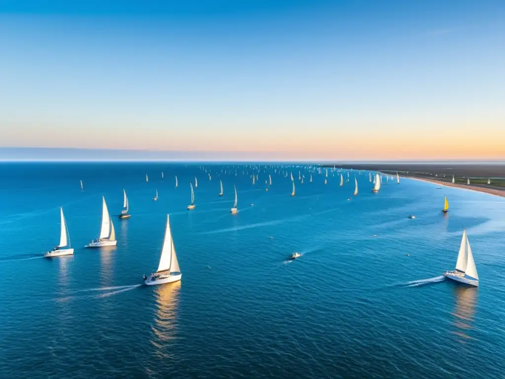 Regatas espectaculares Uruguay vela: Veleros en competencia con Montevideo al fondo, bajo un cielo atardecer dorado y azul profundo