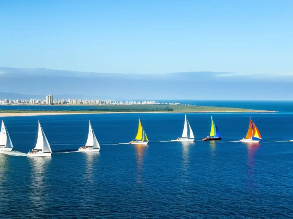 Regatas espectaculares Uruguay vela; veleros danzando en el mar azul profundo, ciudad uruguaya de fondo, bajo un sol radiante