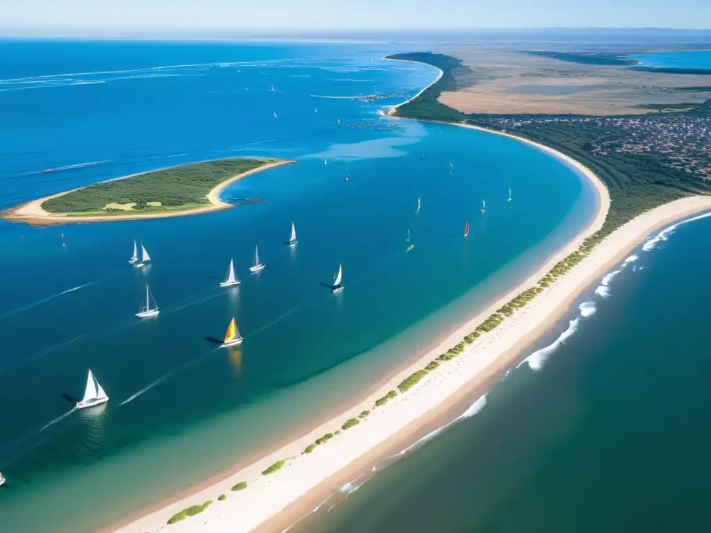 Regatas espectaculares Uruguay vela, desde una vista aérea, decoran la costa vibrante y soleada, mientras la ciudad uruguaya pulsa con vida