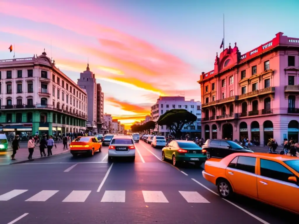 Reglas de tráfico en Uruguay, observadas en una concurrida intersección de Montevideo al atardecer, bañada por un cielo encendido de naranjas y rosas