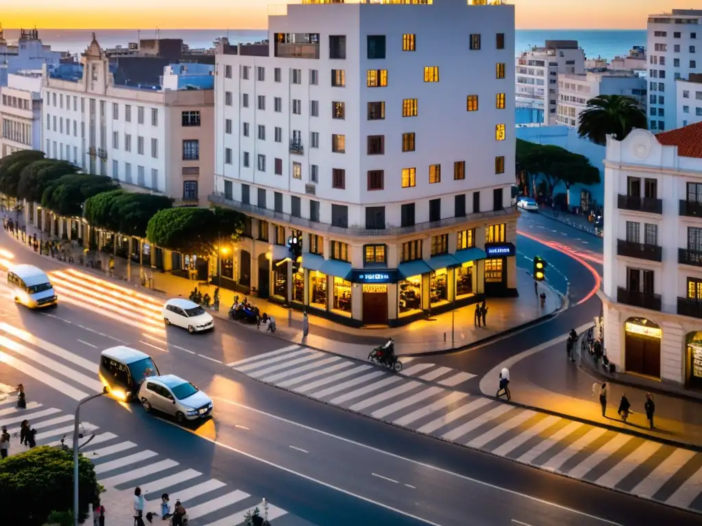 Reglas de tráfico en Uruguay respetadas en una bulliciosa intersección de Montevideo, bajo el cálido resplandor del atardecer