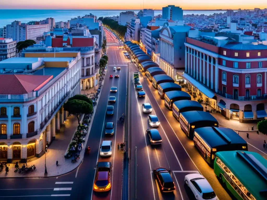 Montevideo al crepúsculo, resplandece bajo reglas de tráfico en Uruguay; un semáforo ilumina el bullicio vehicular en orden