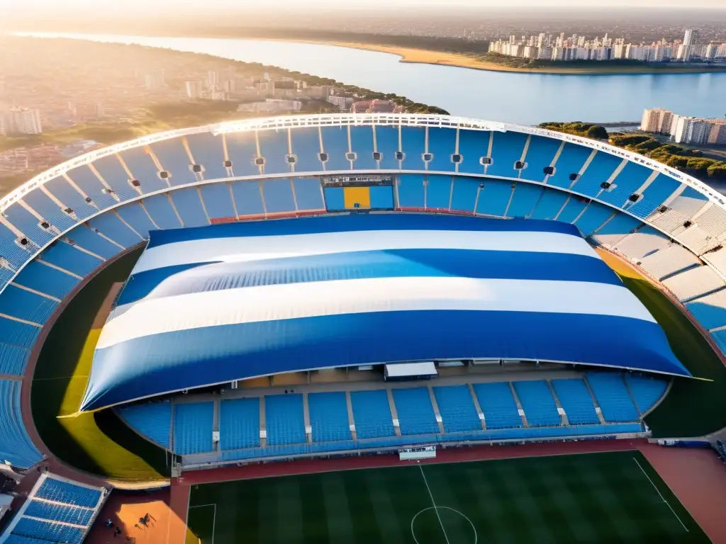 Relación entre fútbol y cultura uruguaya reflejada en el Estadio Centenario rebosante de aficionados apasionados, bajo un sol poniente dorado