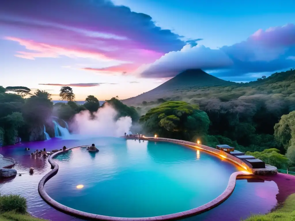 Relajantes y encantadores bañistas disfrutan de los mejores baños termales en Uruguay, rodeados de un fascinante bosque al atardecer