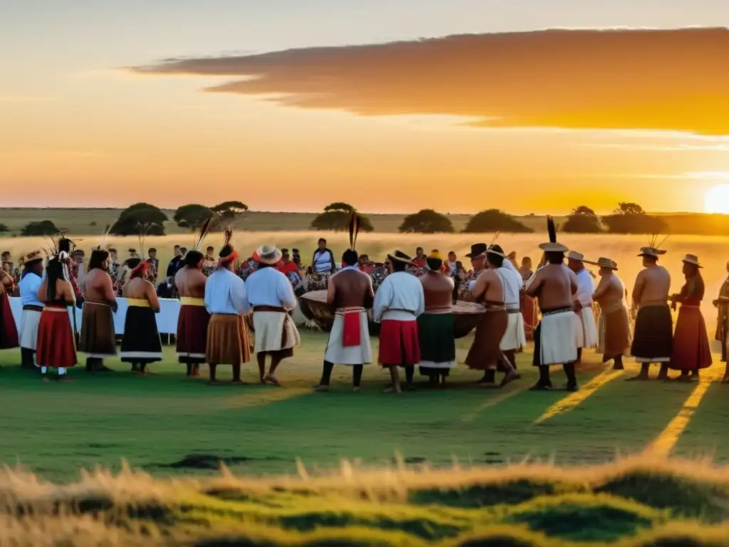 Resiliencia cultura indígena Uruguay: danza tradicional Charrúa al atardecer en las vastas praderas, evocando orgullo y reverencia